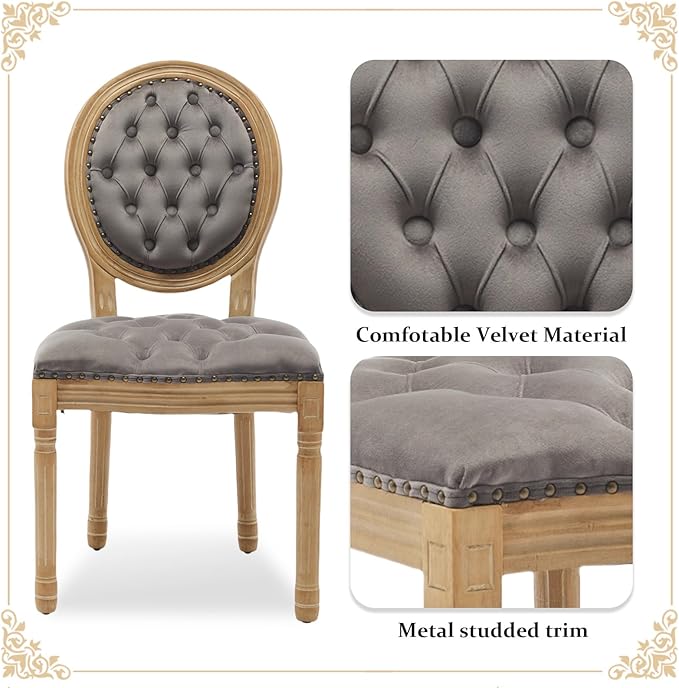 SoarFlash French Dining Chairs Set of 4, Vantage Dining Chair with Round Back, Wood Leg Farmhouse Country Velvet Dining Chair for Kitchen,Bedroom,Grey