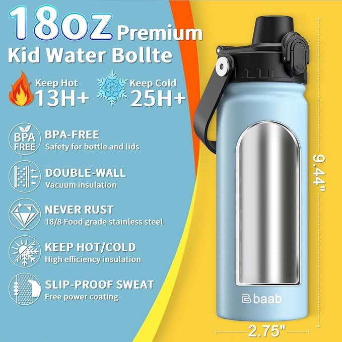 baab 18oz Kids Insulated Water Bottle 18/8 Stainless Steel Kids Cup 1 Pack | - Image 2