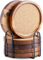 Wood Cork Coasters for Drinks Absorbent with Holder, WLWNWFT Acacia Wood Coaster Sets Rustic Farmhouse for Coffee Table Dining Table Wooden Table Coasters for Desk, Set of 6 4.33in