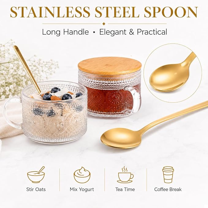 Semderm Vintage Glass Coffee Mugs Set of 2, Overnight Oats Containers - 14oz - Image 7