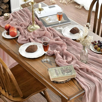 Artoid Mode Boho Cheesecloth Gauze Dusty Pink Wedding Table Runner, 120 Inch - Image 3