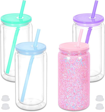 16 oz Plastic Snow Globe Tumbler, 4 Pack Double Wall Snowglobe Tumbler by Micellwuu