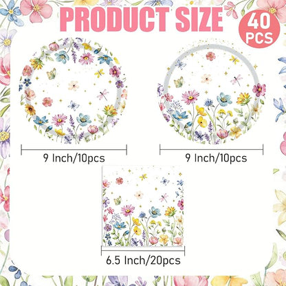 40 Pcs Spring Wildflower Plates and Napkins Sets-Disposable Floral Paper Plates - Image 2