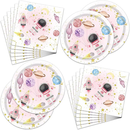 Pink planet Party Plates and Napkins - 40 PCS Pink planet Birthday Party Supplies for Boys and girl Disposable Dinner Dessert Cake Paper Plates Lunch Napkins