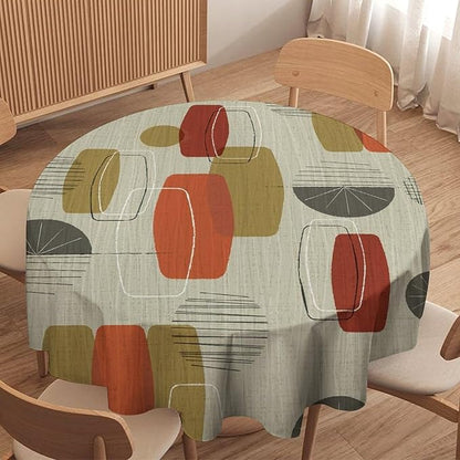 Retro Medieval Bohemian Round Tablecloth, Modern Mid Century Geometric Abstract Print Tablecloth for Home Party Dining Room Kitchen Decor 70Inch(178cm)