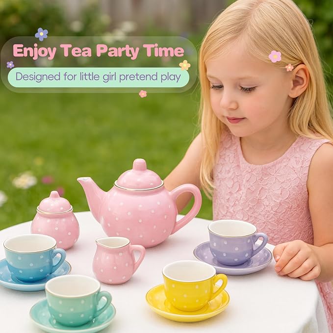 Porcelain Tea Set for Toddlers, Tea Party Set for Little Girls, Kids Tea Set - Image 3