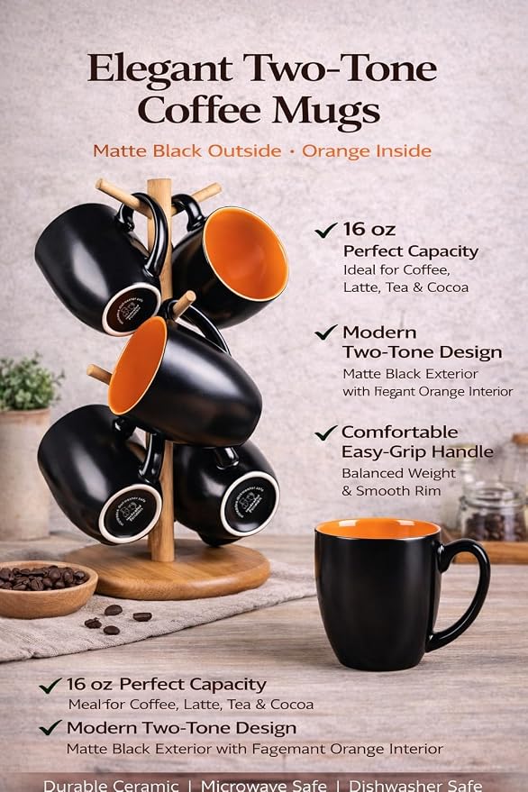 GBhome 16 oz Coffee Mugs Set of 6, Ceramic Coffee Cups- Orange - Image 6