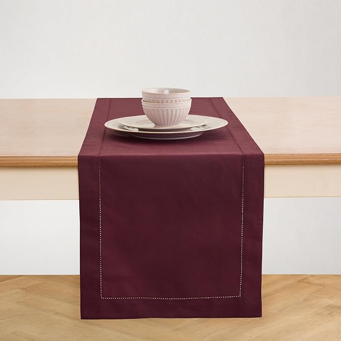 Solino Home Cotton Linen Table Runner Wine, Hemstitch Collection 14 x 72 in | by SolinoHome