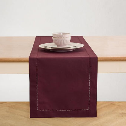 Solino Home Cotton Linen Dining Table Runner Wine Hemstitch, 14 x 108 in | by SolinoHome