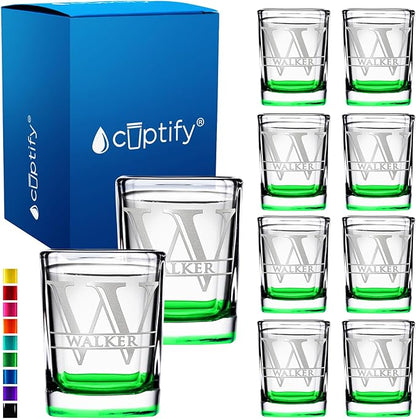 Personalized Glasses Split Script Initial and Name Set of 10 2oz Green Bottom Etched Square Shot Glass Engraved with Custom Text Birthday Gift for Men and Women