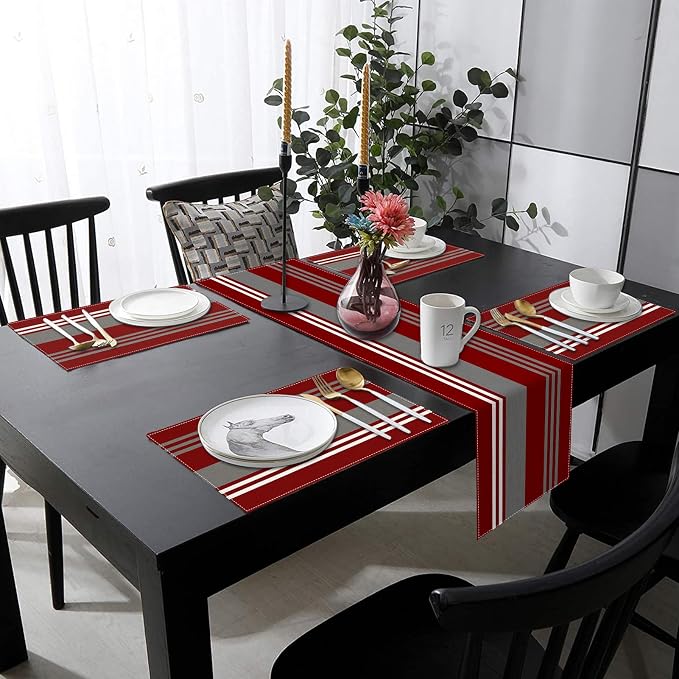 Table Runner and Placemats Set of 6, Abstract Vintage | Stripes Burgundy - Image 8