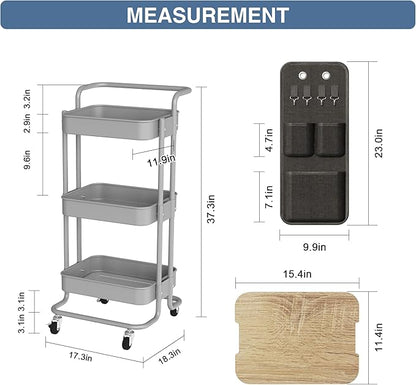 DTK 3 Tier Metal Utility Rolling Cart with Table Top and Side Bags, Tray Storage Organizer Wheels, Art Craft 4 Hooks for Kitchen Bathroom Office Living Room(Grey)