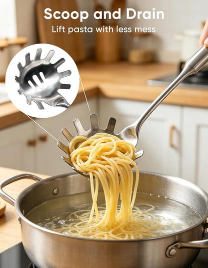 Spaghetti Spoon & Pasta Tongs Set, 2-Piece Stainless Steel Pasta Server | - Image 3