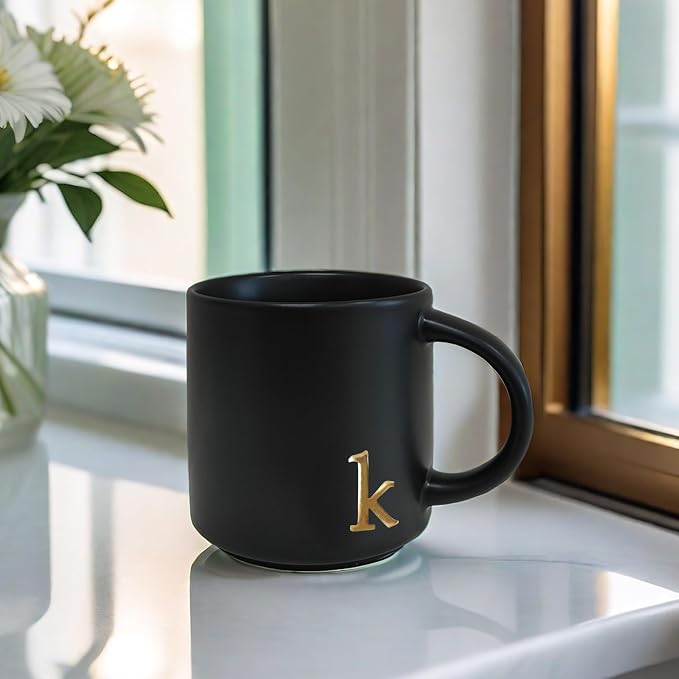 COLLECTIVE HOME Black Ceramic Coffee Mug, 15 oz Golden Monogram Tea Cup | - Image 6