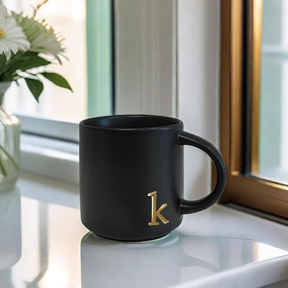 COLLECTIVE HOME Black Ceramic Coffee Mug, 15 oz Golden Monogram Tea Cup | - Image 6