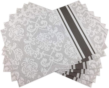 Gugrida Silver Placemats Dining Table, Heat-Resistant Placemats Stain Resistant Anti-Skid Washable PVC Table Mats Woven Vinyl Placemat, Set of 6