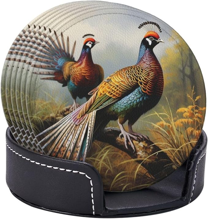 6Pcs PU Leather Coaster for Drinks, Pheasants Animals Cup Coasters - Image 9