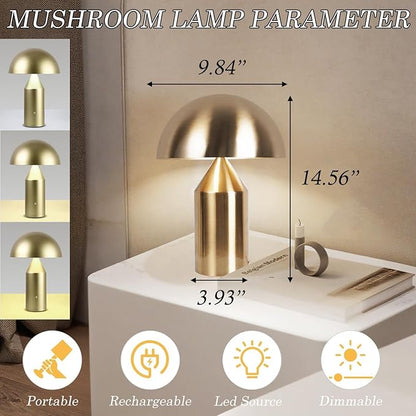 MIXL-Cordless Gold Mushroom Table Lamp,Battery Mushroom Night Light,Wireless Touch Nightstand Lamp,Mid Century Modern Table Lights for Living Room Bedroom