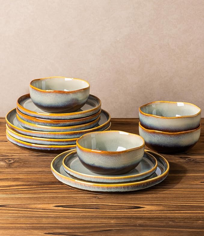 Ceramic Dinnerware Set for 4, 12-Piece Plates and Bowls Set | Handmade Reactive - Image 6