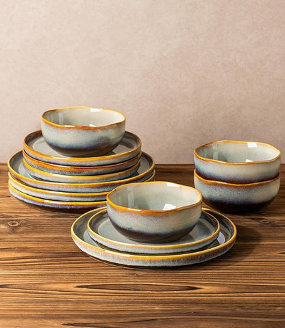 Ceramic Dinnerware Set for 4, 12-Piece Plates and Bowls Set | Handmade Reactive - Image 6