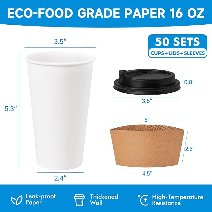 RACETOP 16 oz 50 Pack Disposable Paper Coffee Cups - Image 2