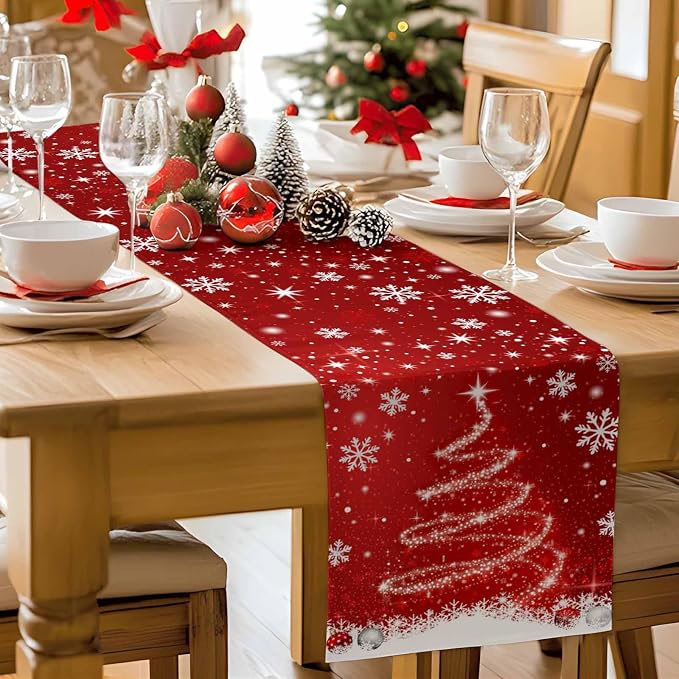 Red Christmas Table Runner 120 Inches Long, Xmas Tree Balls Snowflake Table - Image 9