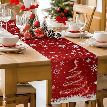Red Christmas Table Runner 120 Inches Long, Xmas Tree Balls Snowflake Table - Image 9