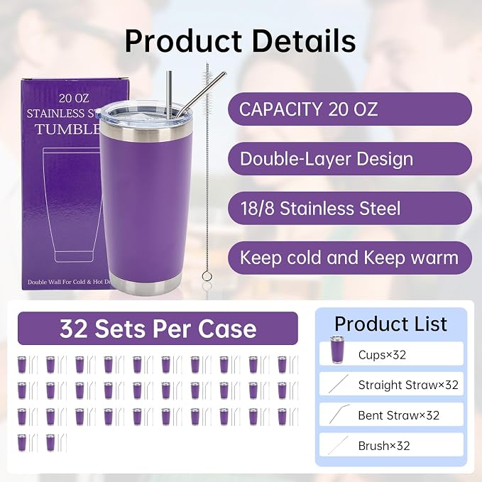 IEOVIEE 32 Pack 20oz Stainless Steel Insulated Bulk Tumblers - Image 2