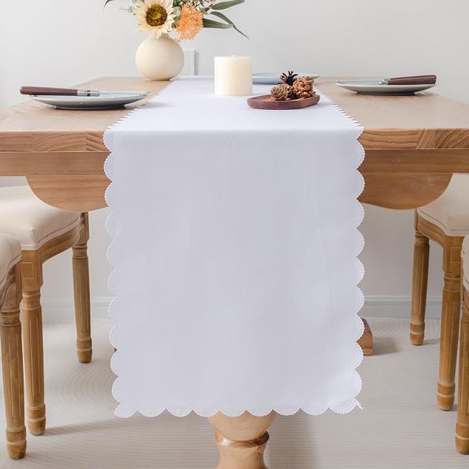 Solid White Farmhouse Scalloped Table Runner 13 x 72 Inchs | Washable Polyester by YZKITM