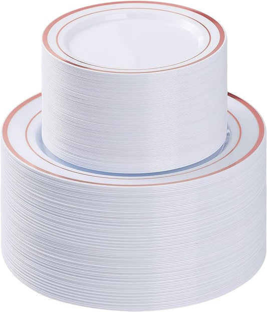 BESTVIP 200PCS Rose Gold Plastic Plate, Disposable Party Plates with 100 Dinner Plates and 100 Dessert Plates, Plastic Plates for Party, Wedding and Birthday