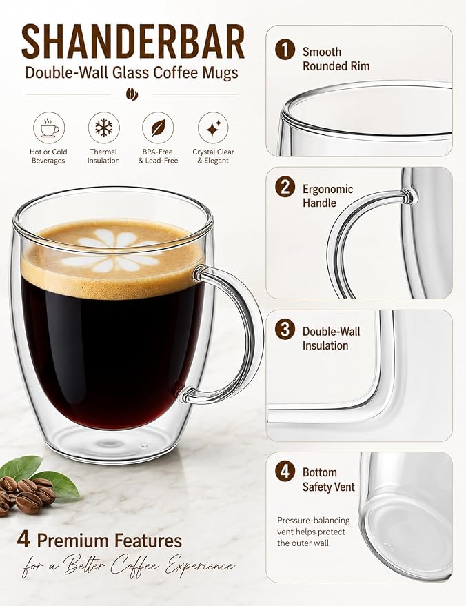 12oz Double Walled Glass Coffee Mugs - Image 3