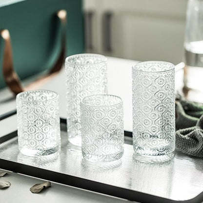 Glass Cups Vintage Glassware Set of 4, Drinking Glasses 9oz, Embossed Pattern Style Transparent Cocktail Glasses Set, for Ice Coffee,Juice,Beer,Bar Beverages,Drinkware, Transparent (S)