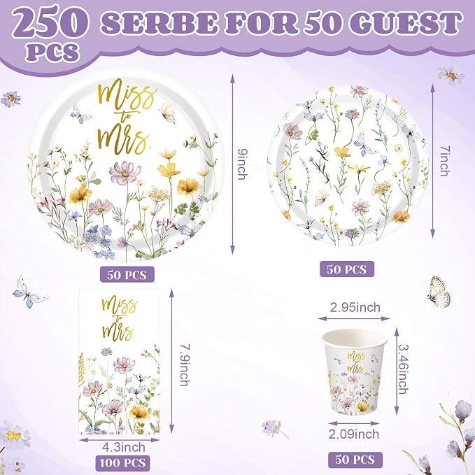 Funnymoom 250 Pcs Miss to Mrs Wildflower Paper Plates Napkins Cups Set | - Image 2