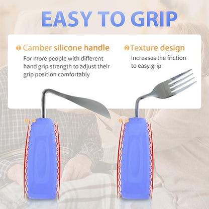 Adaptive Utensils Angled Knife and Fork for Hand Tremors Parkinsons,Weighted Utensils with Non-Slip Easy Grip Handles for Independent Eating (1pcs Bent Knife+1pcs Fork,Purple,Left Hand)