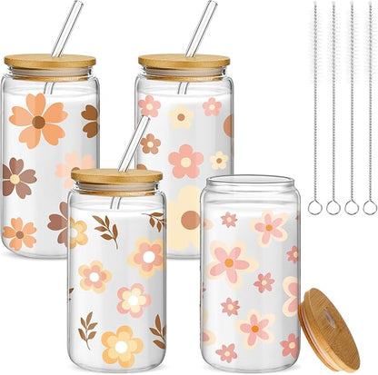 Mumufy 4 Pack Wildflower Glass Cups Gift Aesthetic Cute Glass Cup Tumbler by Mumufy