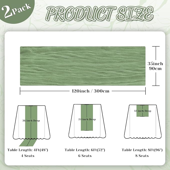 2 Pack Cheesecloth Table Runner, 120 Inch Sage Green Table Runner - Image 4