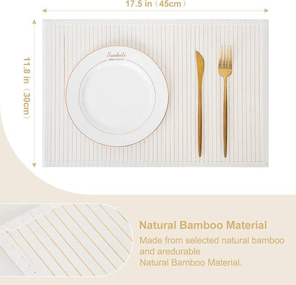 Bamboo Placemats with Fabric Border Set of 8 Natural Bamboo Rectangular Rolling Table Mats for Dining Kitchen Table Heat Resistant Table Protection White