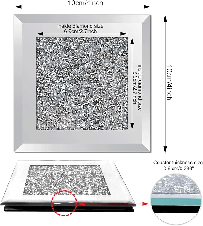 GIMORRTO Glass Mirrored Coaster 8 PC, Crushed Diamond Square Cup 4" Mat Decor - Image 5