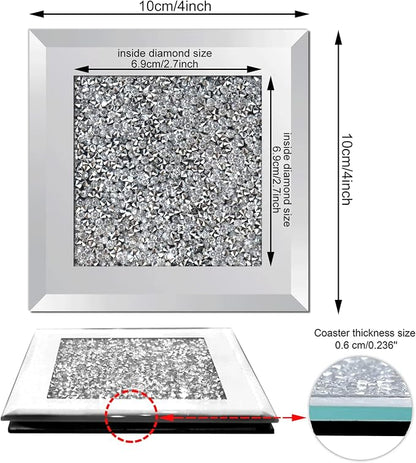 GIMORRTO Glass Mirrored Coaster 8 PC, Crushed Diamond Square Cup 4" Mat Decor - Image 5