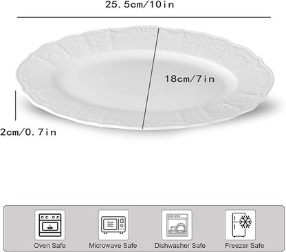 Neaylfe Ceramic Dinner Plates Set of 6, 10 inch Oval Embossed White Plates for Salad, Dessert, Appetizer, Steak, Large Flat Serving Plates for Kitchen, Restaurant, Parties
