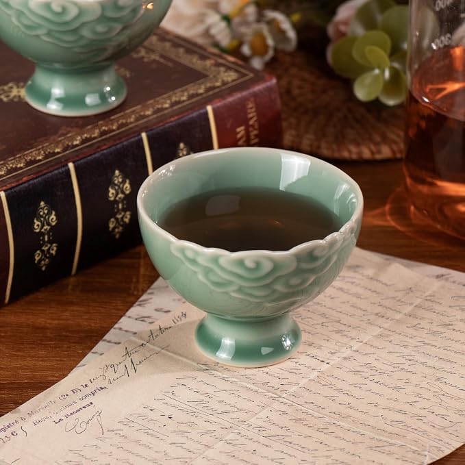 KAMMAK Tea Cup Set of 2 Small Tea Cups 3.7oz Green Porcelain Tea Cup Set - Image 3