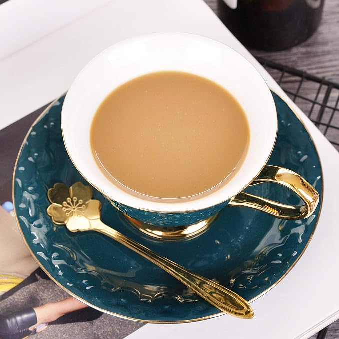 VanEnjoy Green Vintage 8 Ounces Porcelain Coffee Cup, Tea Cup and Saucer Set - Image 4