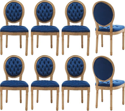 Vintage French Dining Chairs Set of 8, Round Back Velvet Upholstered Accent Chairs with Nailhead Trim and Solid Wood Frame, Elegant Sillas de Comedor for Dining Room & Kitchen, Blue