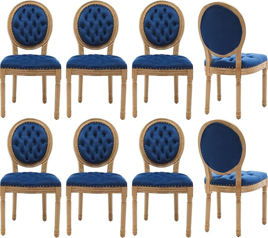 Vintage French Dining Chairs Set of 8, Round Back Velvet Upholstered Accent Chairs with Nailhead Trim and Solid Wood Frame, Elegant Sillas de Comedor for Dining Room & Kitchen, Blue