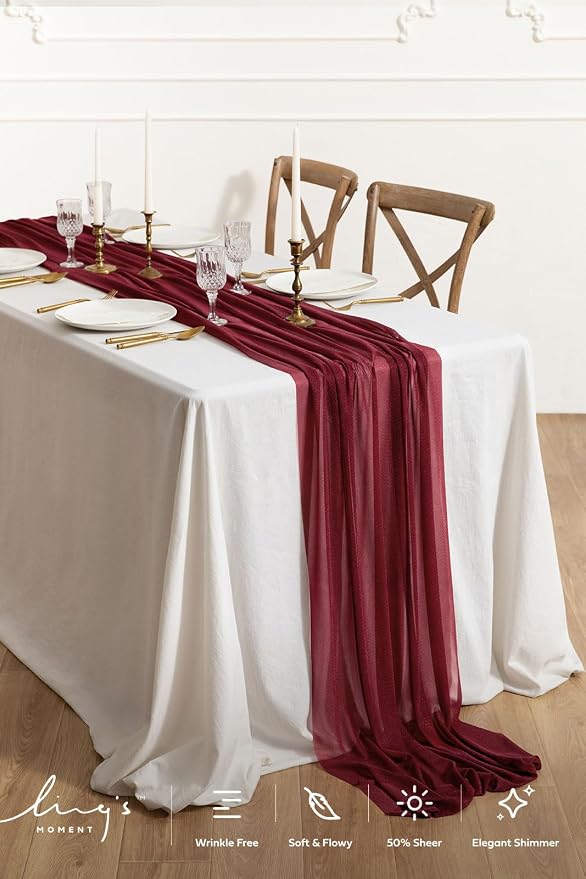 Ling's Moment 14Ft Burgundy Table Runner, Wedding Chiffon Table Runners | - Image 2