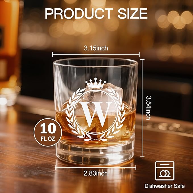 Whiskey Glasses - Rocks Old Fashioned Glass Gifts for Men, Monogrammed A-Z 10oz Personalized Whisky Glasses, Christmas Birthday Gifts for Men Him Dad Father Husband Brother Son (W)