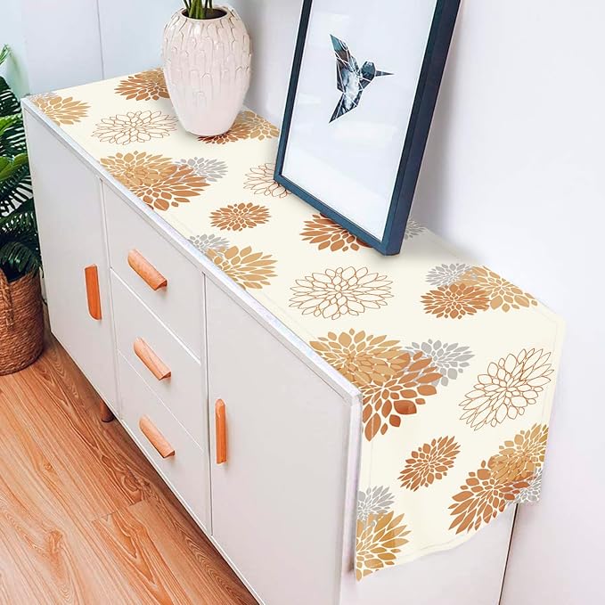 Fall Table Runner Orange Grey Dahlia Pinnata Floral Table Runners Modern - Image 3