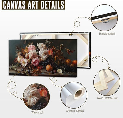 ADJUVANT Wall Art Vintage Floral And Fruit 48" L x 24" W, Peonies With Grapes And Citrus Canvas Painting Prints Graceful Botanic And Fruity Wall Decor for Living Room Bedroom Dining Room Home Office