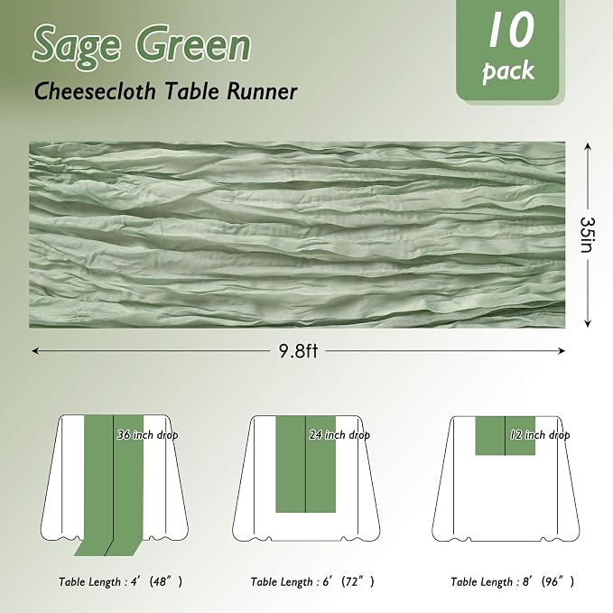 8 Pack Sage Green Cheesecloth Table Runner 120 Inch Boho Wedding Decor | - Image 2