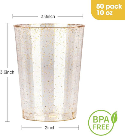 Goodluck 10 oz 50 PCS Gold Glitter Plastic Cups, Disposable Glitter Cups, Elegant Plastic Cocktail Glasses, Fancy Party Cups for Wedding, Birthday, Holiday